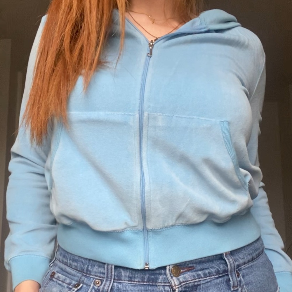 Y2K Juicy Couture Baby Blue Velour Zip Up Sweatshirt, Size XL